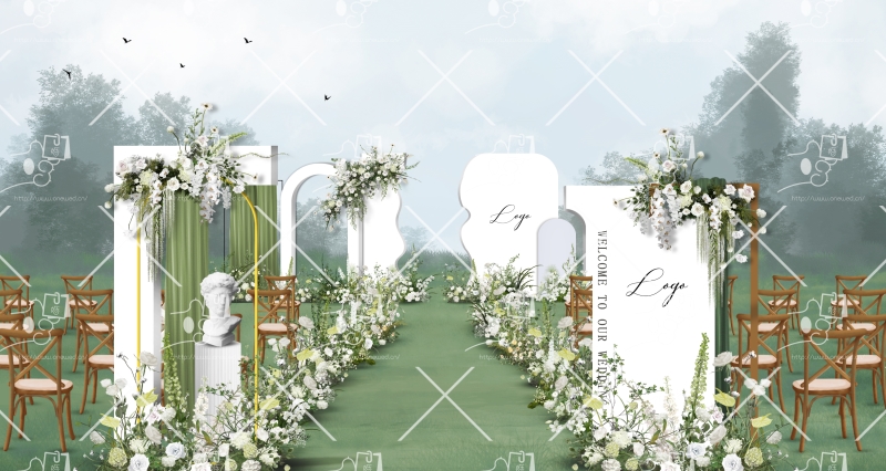 白绿色系户外婚礼设计简约效果图含平面